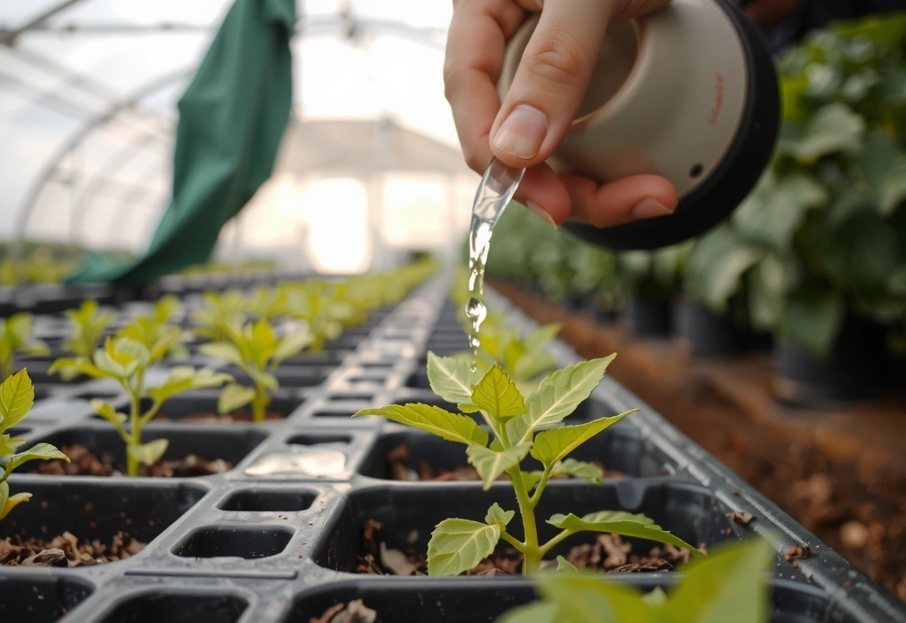 Mână care udă un răsad într-o seră, simbolizând practici agricole sustenabile.