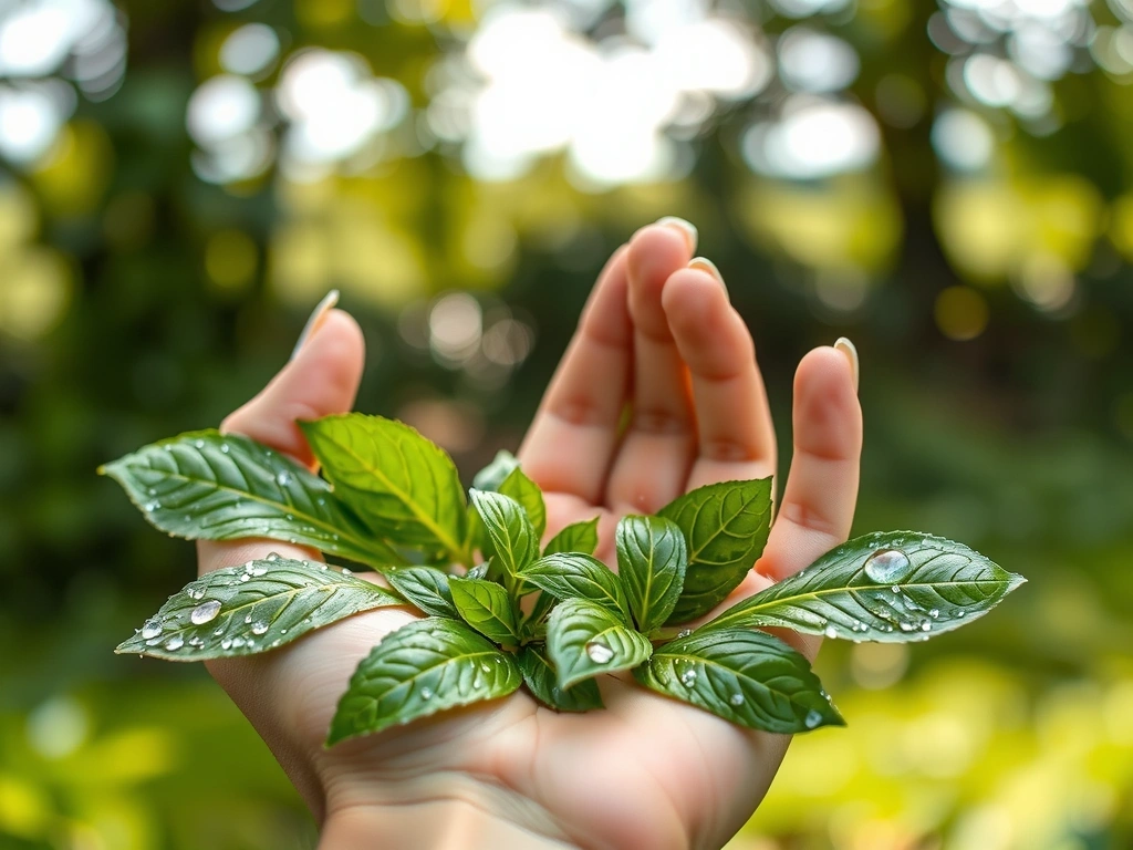 Mână care ține plante proaspete, simbolizând natura și puritatea ingredientelor Naturavitalb.