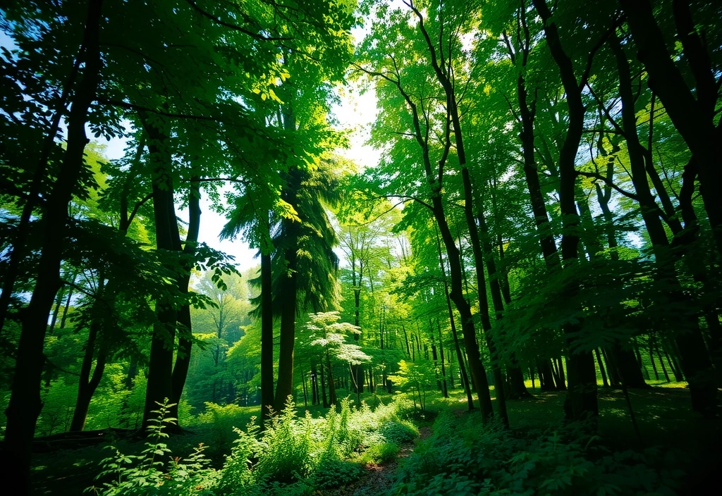 O pădure luxuriantă cu raze de soare filtrându-se prin frunze, simbolizând respectul pentru natură.